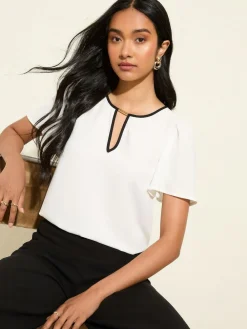 Friends Like These Short Angel Sleeve Tipped Trim Blouse Cream