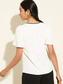 Friends Like These Short Angel Sleeve Tipped Trim Blouse Cream