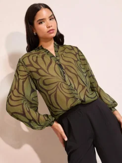 Friends Like These Green Floral Print Collarless Long Sleeve Chiffon Blouse^Women Blouses & Shirts