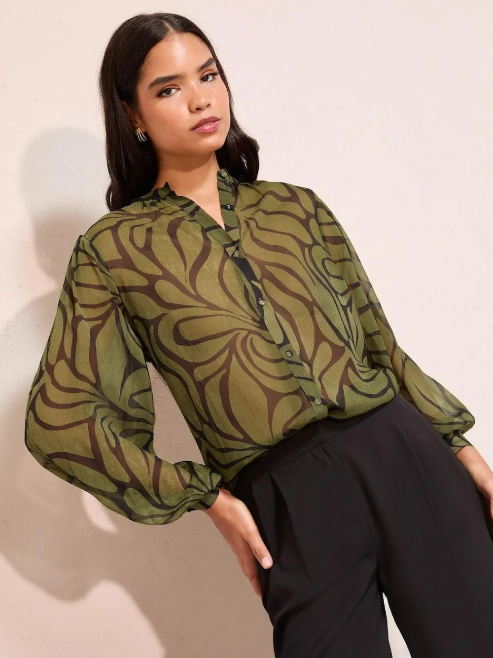 Friends Like These Green Floral Print Collarless Long Sleeve Chiffon Blouse^Women Blouses & Shirts