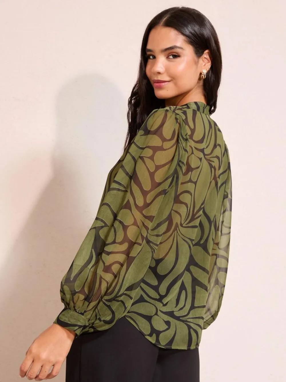 Friends Like These Green Floral Print Collarless Long Sleeve Chiffon Blouse^Women Blouses & Shirts