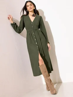 Outlet Friends Like These Long Sleeve Tie Waist Button Up Textured Midi Dress Khaki Green