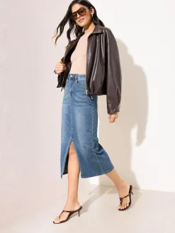 Clearance Friends Like These Split Front Denim Midi Skirt Mid Blue