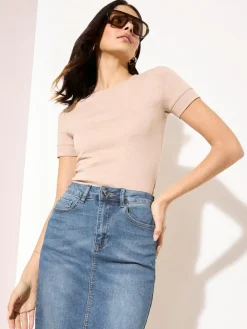 Clearance Friends Like These Split Front Denim Midi Skirt Mid Blue