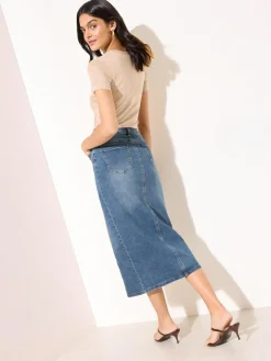 Clearance Friends Like These Split Front Denim Midi Skirt Mid Blue