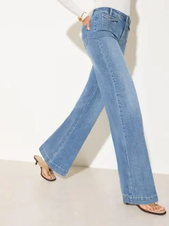 Online Friends Like These Petite Pocket Tailored Wide Leg Jeans Mid Blue Denim