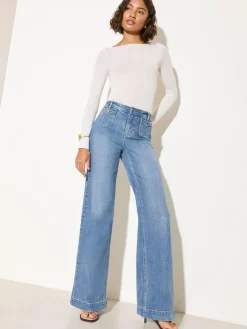 Online Friends Like These Petite Pocket Tailored Wide Leg Jeans Mid Blue Denim