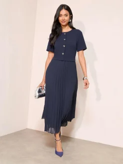 Friends Like These Petite Button Down 2-In-1 Pleated Dress^Women Occasion Dresses|Midi Dresses