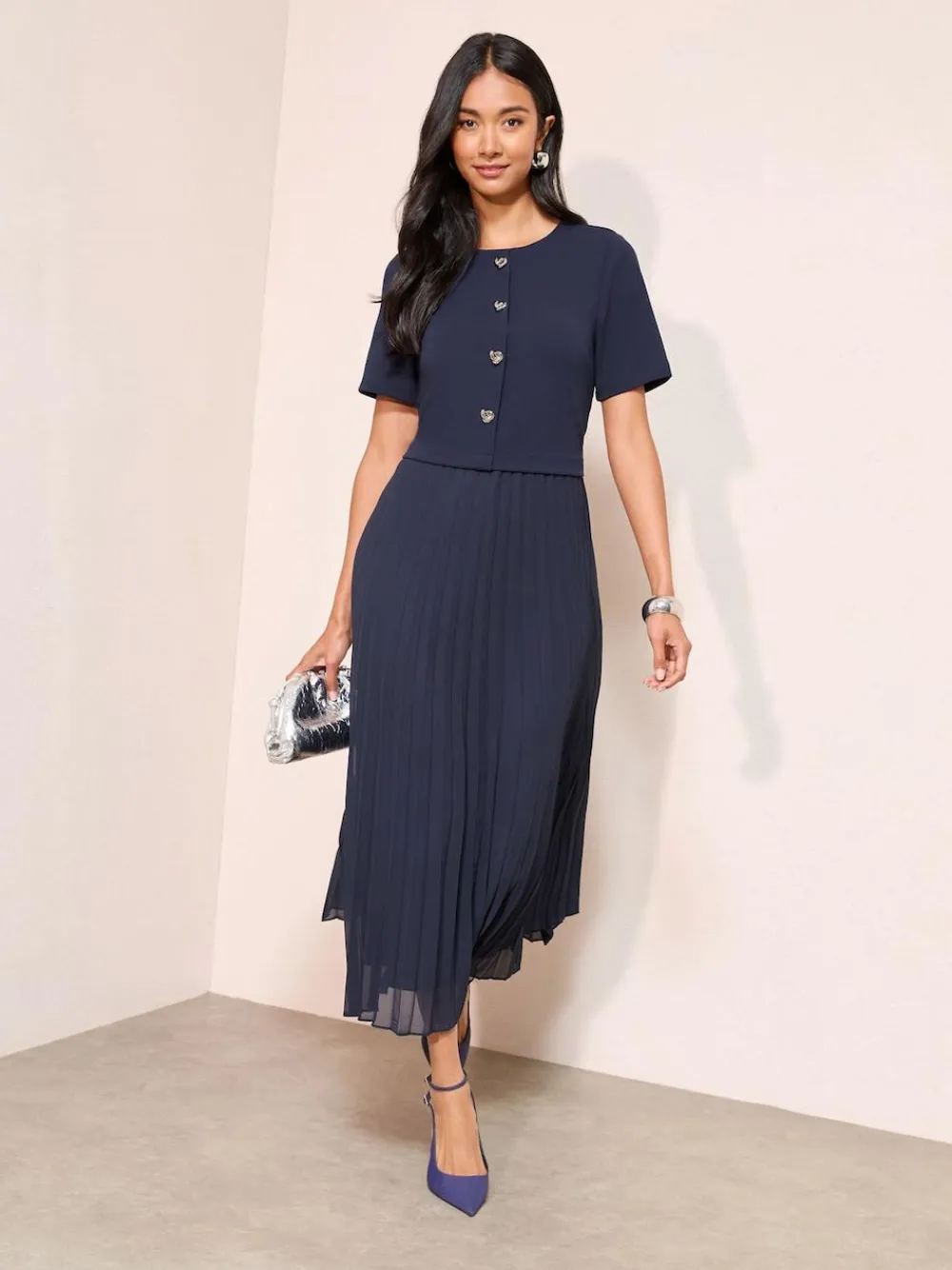 Outlet Friends Like These Button Down 2-In-1 Pleated Dress Navy