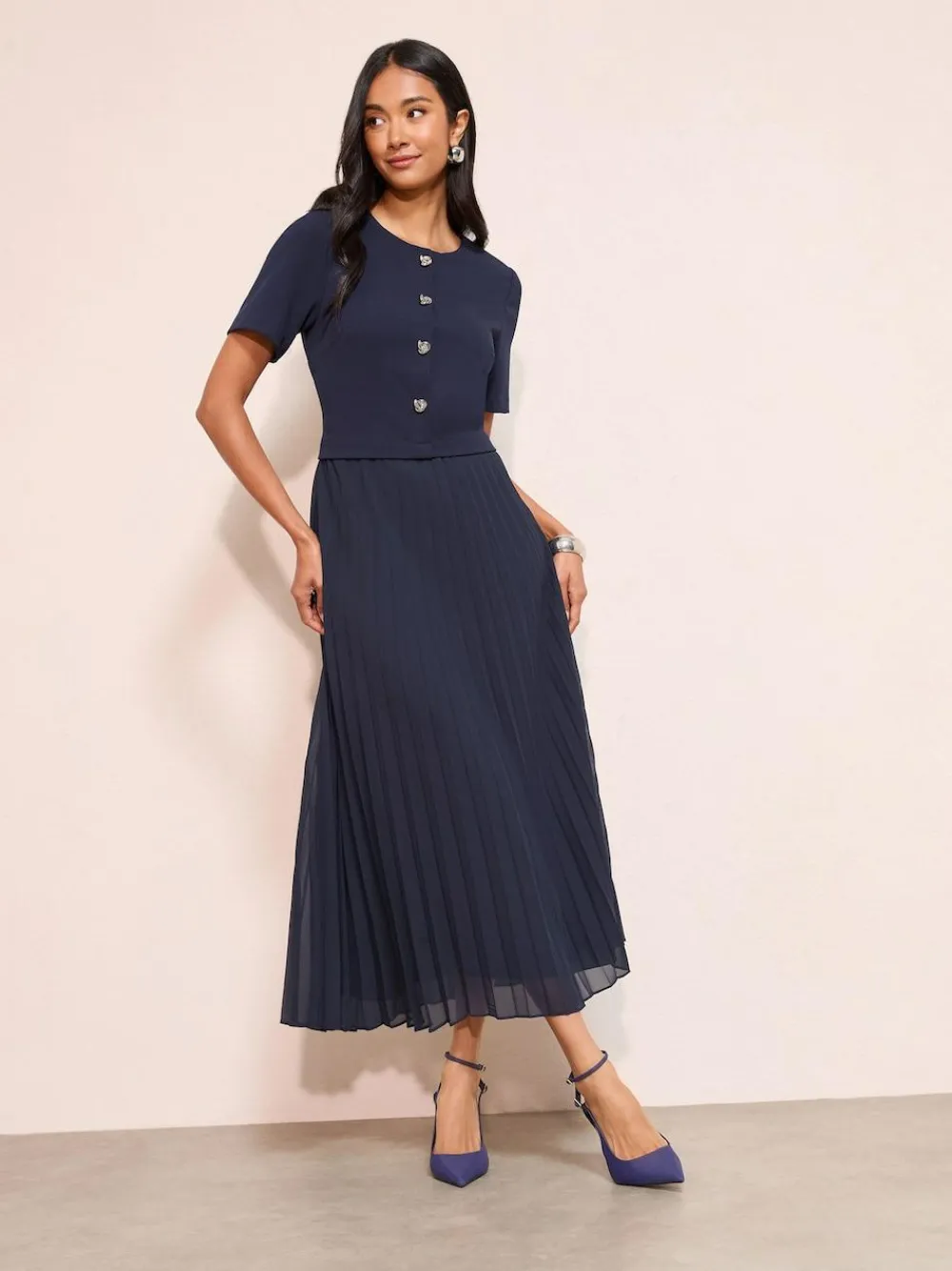 Outlet Friends Like These Button Down 2-In-1 Pleated Dress Navy