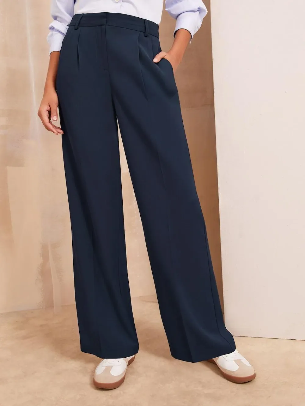 Friends Like These Navy Blue Premium Elastic Back Tailored Wide Leg Trousers^Women Pants