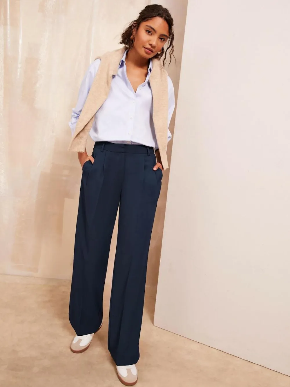 Friends Like These Navy Blue Premium Elastic Back Tailored Wide Leg Trousers^Women Pants