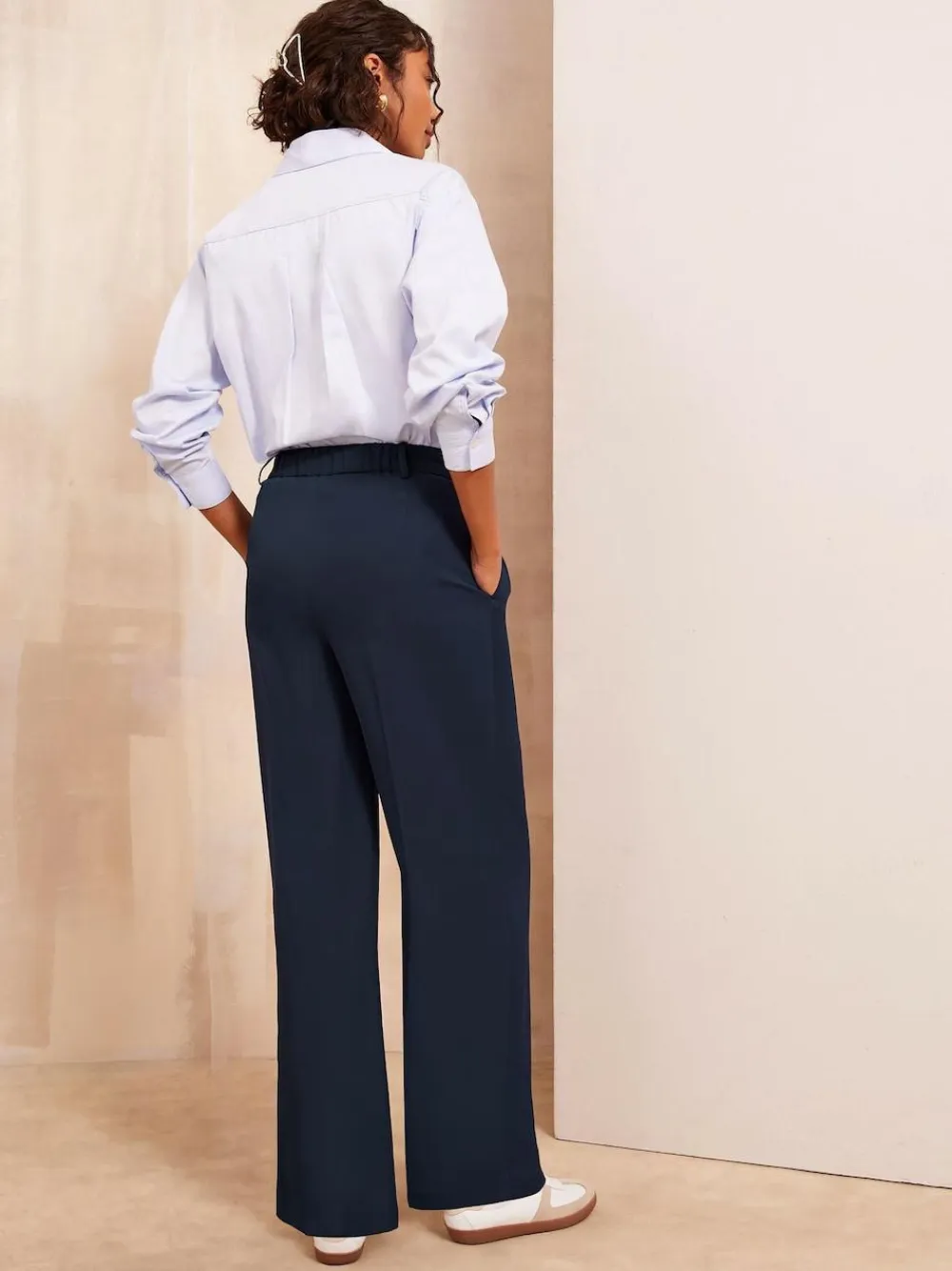 Friends Like These Navy Blue Premium Elastic Back Tailored Wide Leg Trousers^Women Pants
