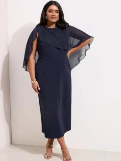 Friends Like These Navy Curve Asymmetric Chiffon Cape Scuba Midi Dress^Women Occasion Dresses