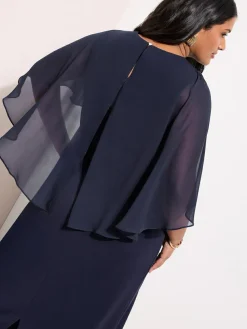 Friends Like These Navy Curve Asymmetric Chiffon Cape Scuba Midi Dress^Women Occasion Dresses