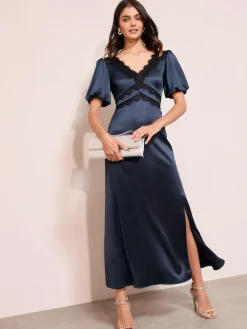 Discount Friends Like These Lace Trim V-Neck Satin Midi Dress Navy