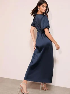 Discount Friends Like These Lace Trim V-Neck Satin Midi Dress Navy