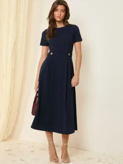 Hot Friends Like These Tab Detail Short Sleeve Midi Tailored Dress Navy