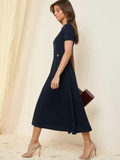Hot Friends Like These Tab Detail Short Sleeve Midi Tailored Dress Navy