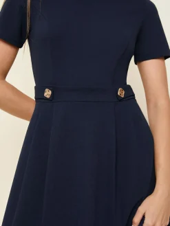 Hot Friends Like These Tab Detail Short Sleeve Midi Tailored Dress Navy