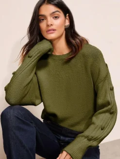 New Friends Like These Button Sleeve Detail Jumper Olive Green