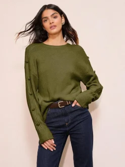 New Friends Like These Button Sleeve Detail Jumper Olive Green