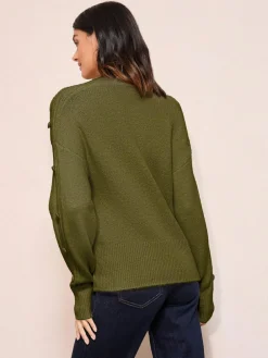 New Friends Like These Button Sleeve Detail Jumper Olive Green