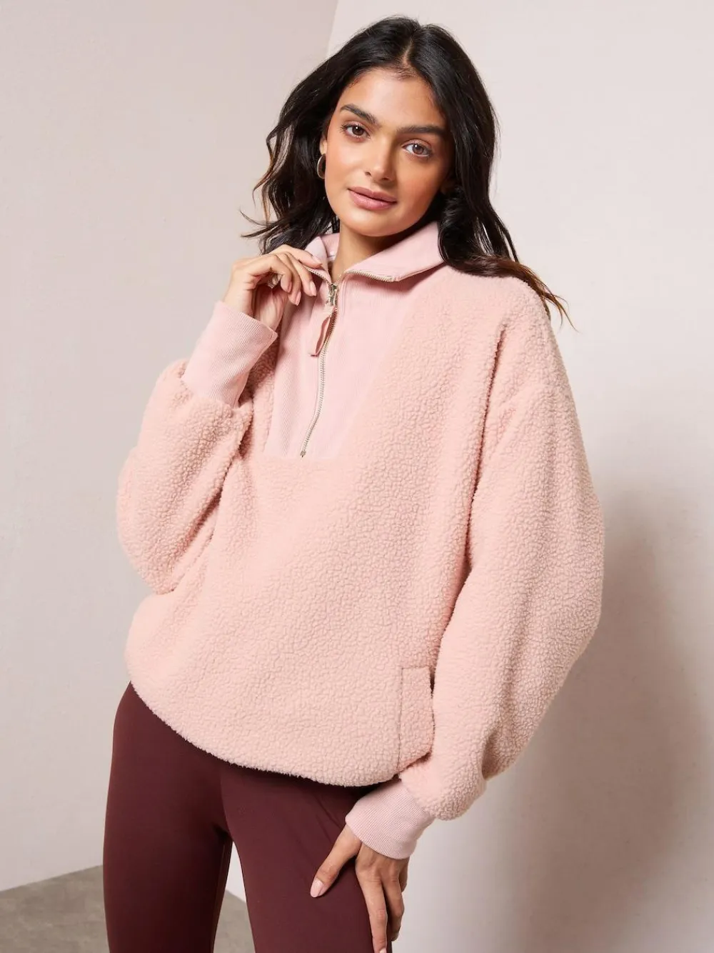 Friends Like These Half Zip Borg Fleece Sweatshirt Pink