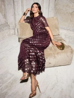 Clearance Friends Like These Foil Spot Short Sleeve Chiffon Tie Maxi Dress Red