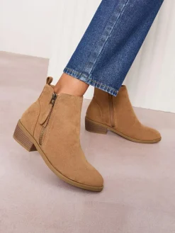 Sale Friends Like These Wide Fit Mid Block Heel Side Zip Faux Suede Cuban Boots Tan Brown