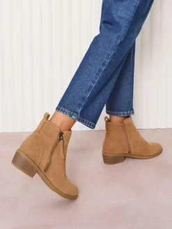 Sale Friends Like These Wide Fit Mid Block Heel Side Zip Faux Suede Cuban Boots Tan Brown