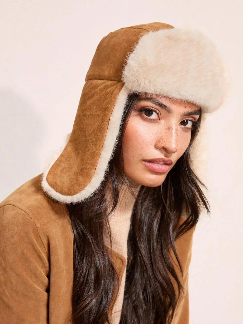 Clearance Friends Like These Tan Brown Cosy Faux Suede and Fur Trapper Hat