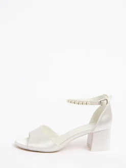Friends Like These White Satin Low Block Heel Pearl Strap Bridal Sandals^Women Occasionwear