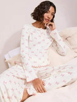 Outlet Friends Like These White/Pink Bow Pointelle Wide Leg Pyjamas