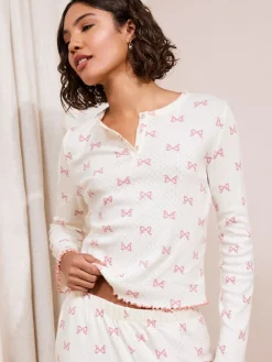 Outlet Friends Like These White/Pink Bow Pointelle Wide Leg Pyjamas