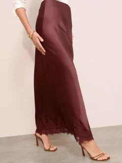 Clearance Friends Like These X Lucy Mecklenburgh Satin Lace Trim Maxi Skirt Brown
