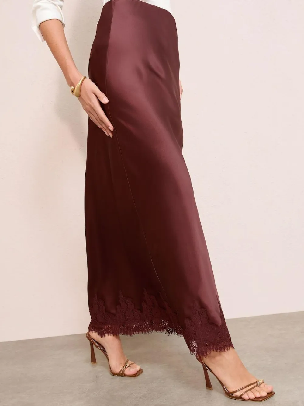 Clearance Friends Like These X Lucy Mecklenburgh Satin Lace Trim Maxi Skirt Brown