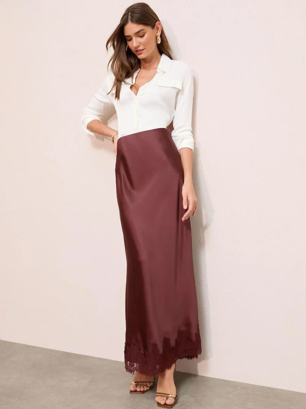 Clearance Friends Like These X Lucy Mecklenburgh Satin Lace Trim Maxi Skirt Brown