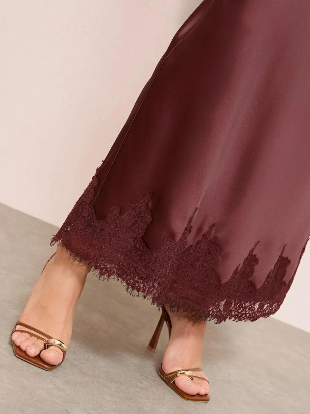 Clearance Friends Like These X Lucy Mecklenburgh Satin Lace Trim Maxi Skirt Brown