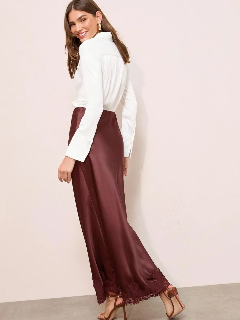 Clearance Friends Like These X Lucy Mecklenburgh Satin Lace Trim Maxi Skirt Brown