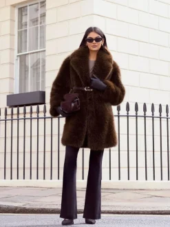 Outlet Friends Like These X Lucy Mecklenburgh Belted Faux Fur Mid Length Coat Brown