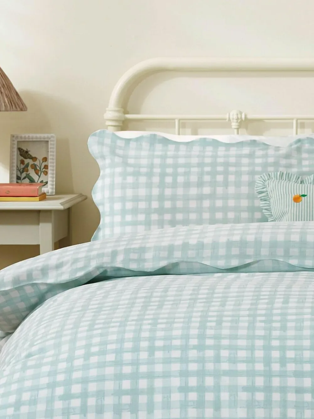 Furn Blue Scalloped Edge Gingham Pillowcase Pair