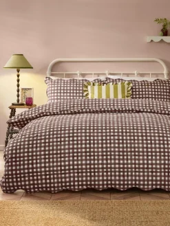 Furn Chocolate Scalloped Edge Gingham Duvet Set^ Branded Bedlinen