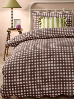 Furn Chocolate Scalloped Edge Gingham Duvet Set^ Branded Bedlinen