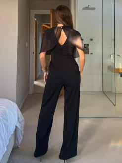 Online Girl In Mind Black Vivienne Cape Detail Stretch Jumpsuit