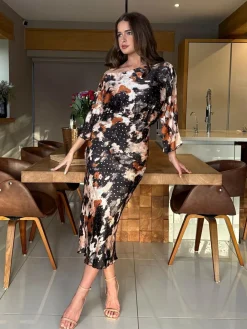 Online Girl In Mind Brown Leila Off the Shoulder Foiled Print Maxi Dress