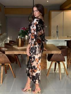 Online Girl In Mind Brown Leila Off the Shoulder Foiled Print Maxi Dress