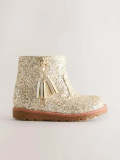 Next Gold Glitter Standard Fit (F) Chelsea Zip Tassel Ankle Boots^ Baby Boots|Boots