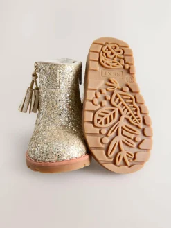 Online Next Gold Glitter Wide Fit (G) Chelsea Zip Tassel Ankle Boots