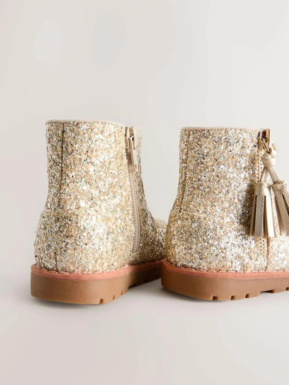 Online Next Gold Glitter Wide Fit (G) Chelsea Zip Tassel Ankle Boots